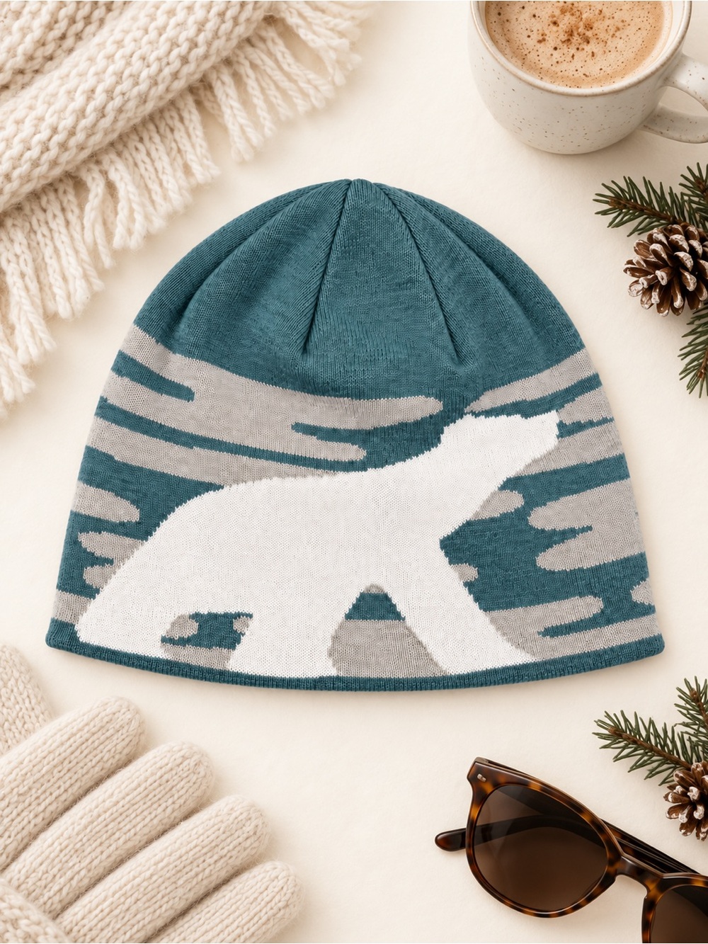 Patagonia Polar Bear Beanie Teal Gray Recycled Polyester One Size